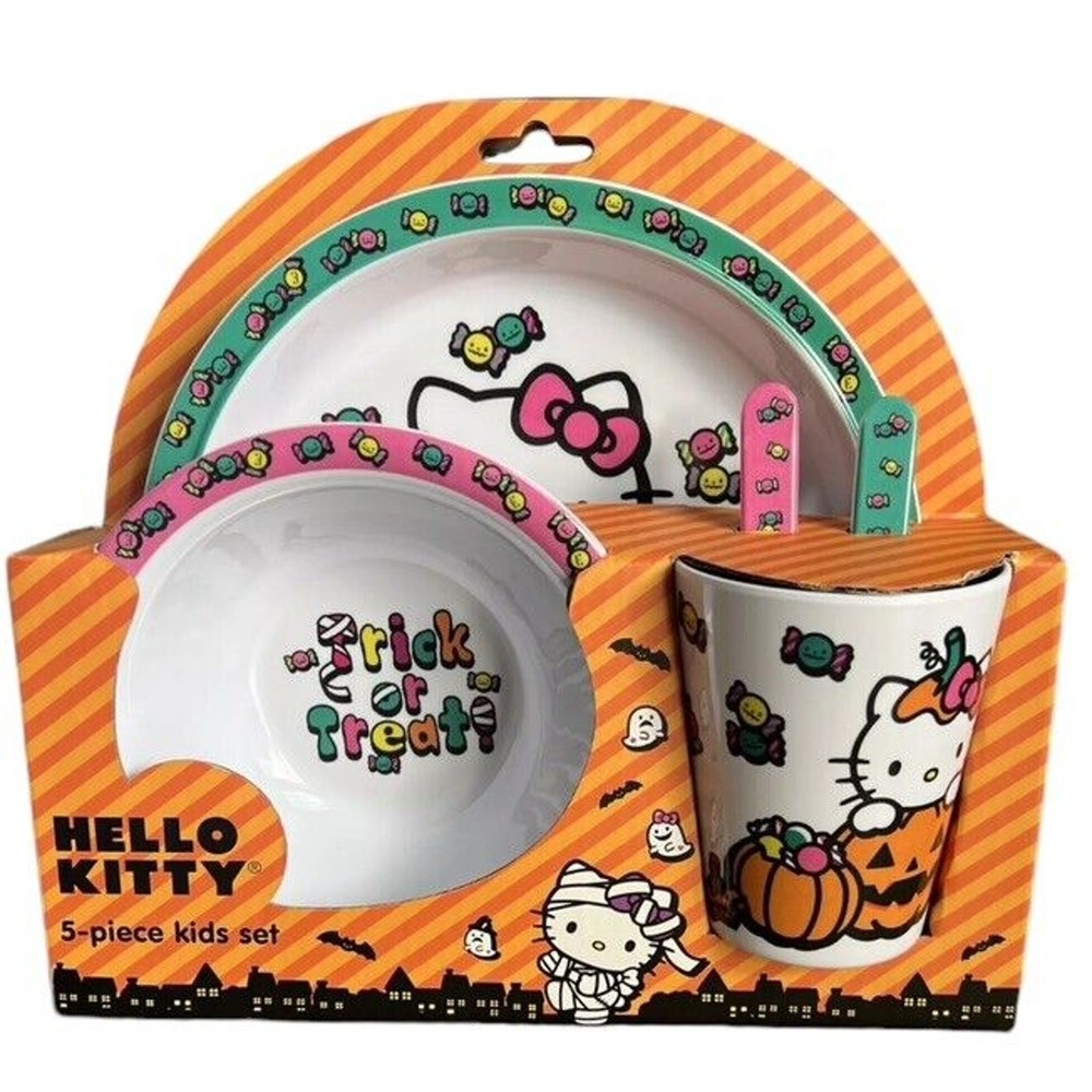 Hello Kitty, Halloween Kids 5 Piece Dinnerware Set Sanrio Trick-Or-Treat Pumpkin